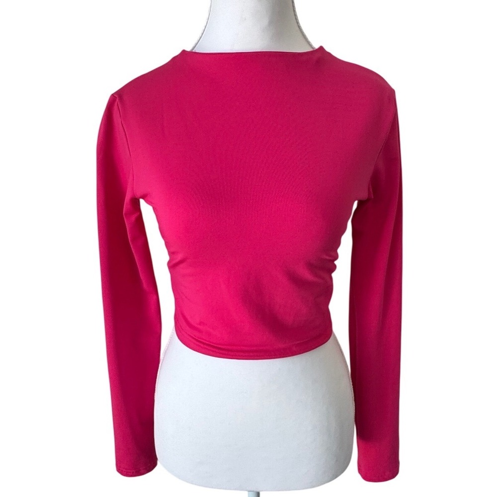 Hot Pink Long Sleeve Crop Top Barbiecore Zipper Back Size Small